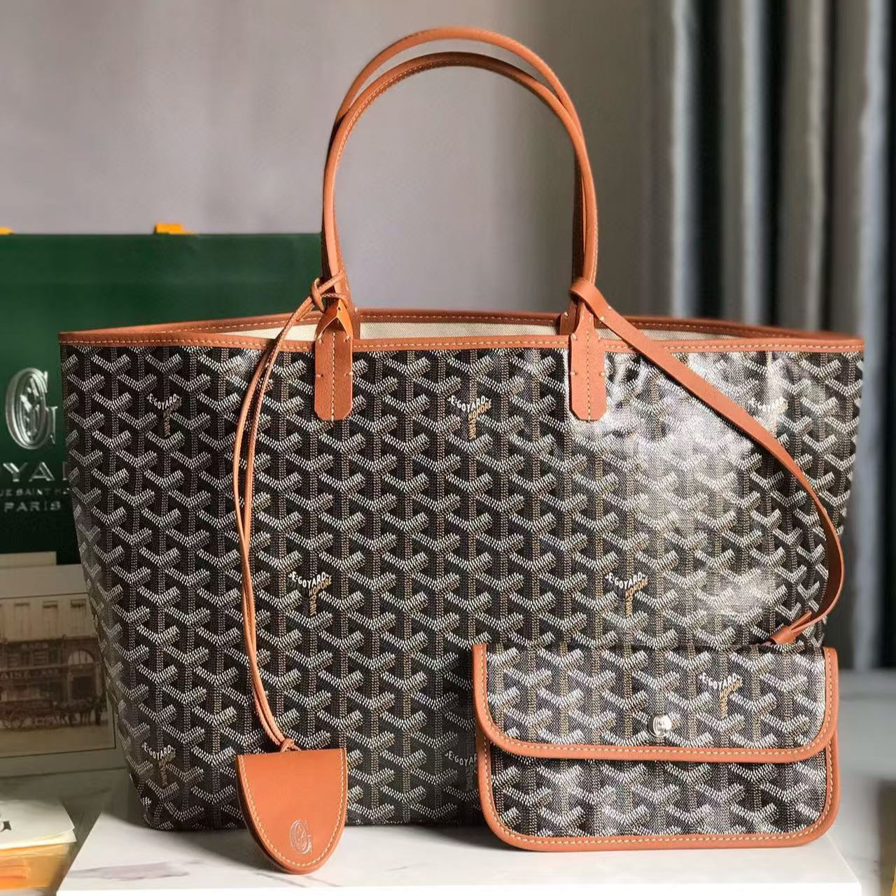 SAINT LOUIS PM 34 IN BLACK GOYARDINE CANVAS AND TAN CALFSKIN
