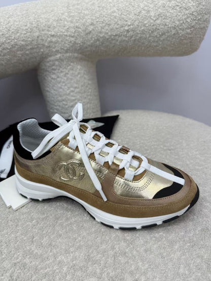 Chanel Sneaker Gold Brown Suede Leather