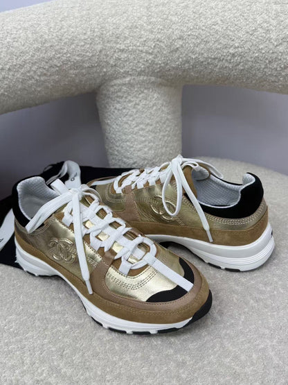 Chanel Sneaker Gold Brown Suede Leather