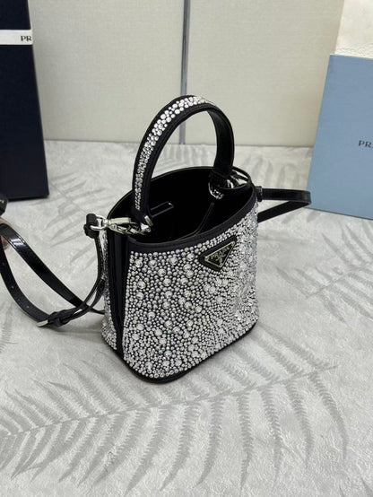 Prada Panier  Bag Black White Crystal-embellished Leather