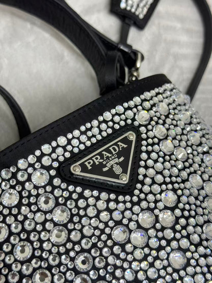 Prada Panier  Bag Black White Crystal-embellished Leather