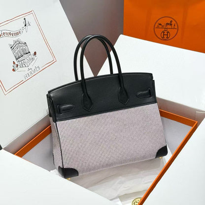 HM 2025 Birkin 30cm Black White Swift Cowhide Canvas Fabric With Waffle Panda