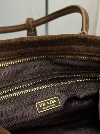 TOTE BAG WITH BELT 32 IN RUSSET BROWN SUEDE GOLD HARDWARE