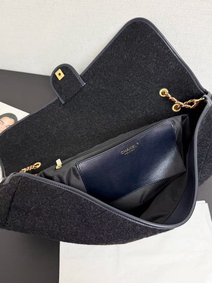 CC 2025 Maxi Flap Bag With Top Handle 56cm Black Wool Leather
