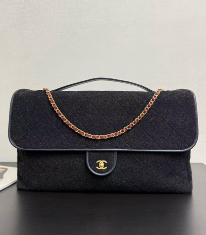 CC 2025 Maxi Flap Bag With Top Handle 56cm Black Wool Leather