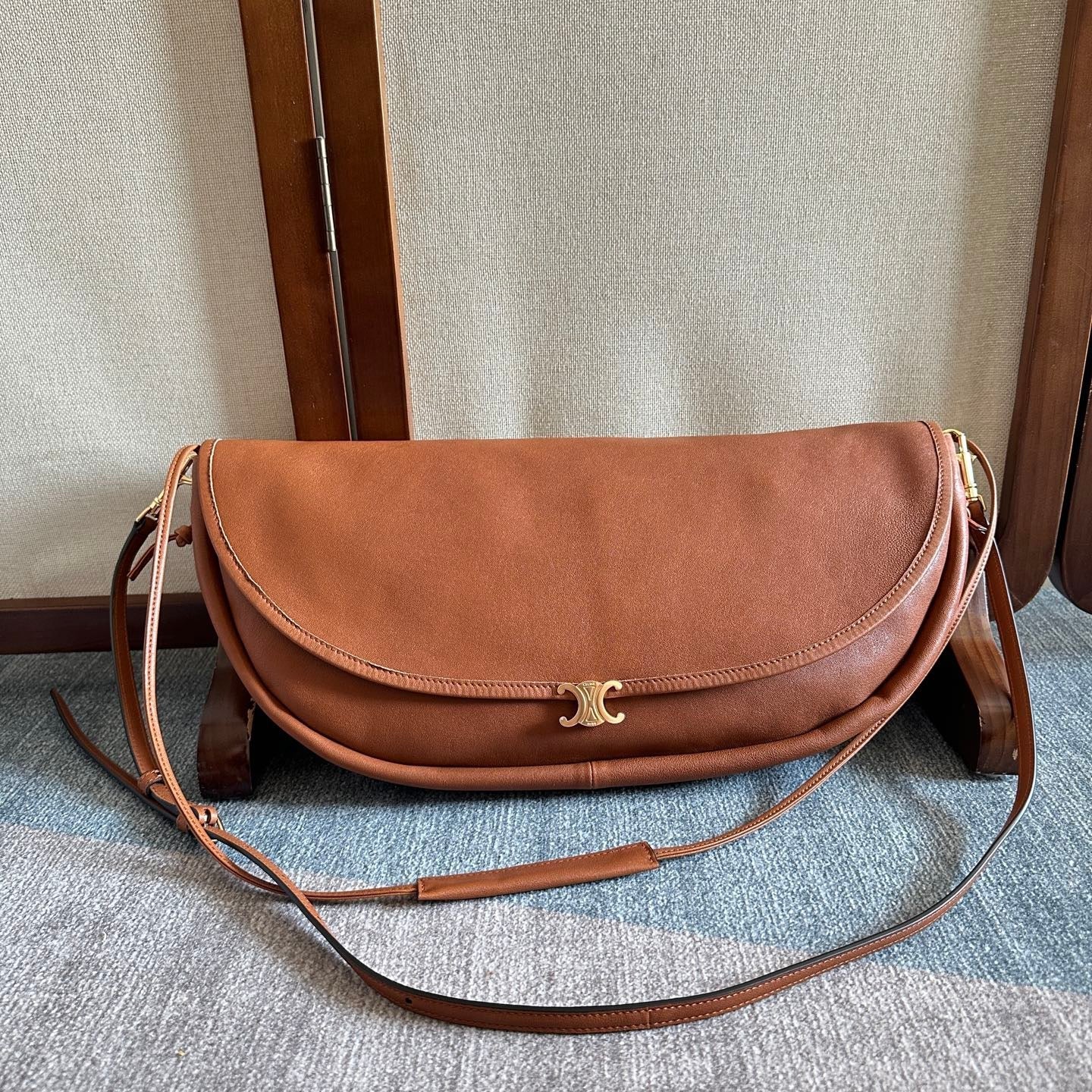 Celine 2025 Halfmoon Soft Triomphe Bag Brown Shiny Lambskin