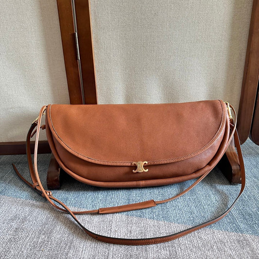 Celine 2025 Halfmoon Soft Triomphe Bag Brown Shiny Lambskin