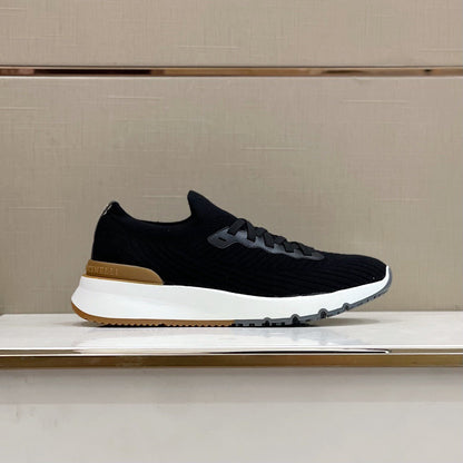 Brunello Cucinelli 2025 Low-top Knitted Sneakers Black Leather Fabric