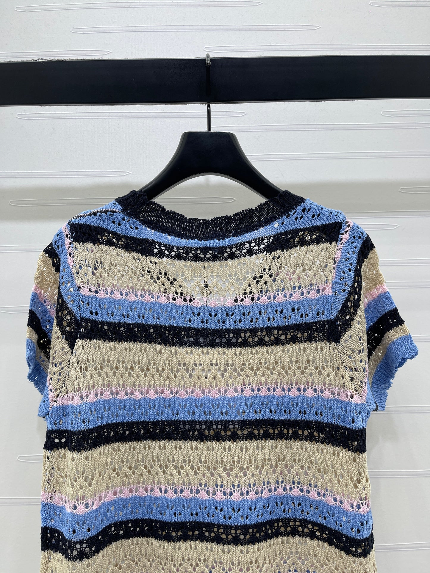 Chanel 2026 Hollow Out Knit Top Blue Beige Black Cotton