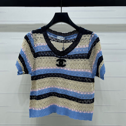 Chanel 2026 Hollow Out Knit Top Blue Beige Black Cotton