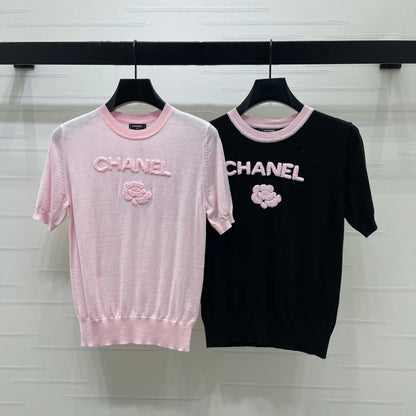 Chanel 2026 Flower T-shirt Black and Pink Tencel