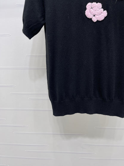 Chanel 2026 Flower T-shirt Black and Pink Tencel
