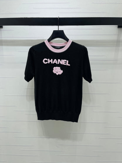 Chanel 2026 Flower T-shirt Black and Pink Tencel