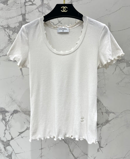 Chanel 2026 Scalloped Neckline T-shirt White Purple Gray Cotton
