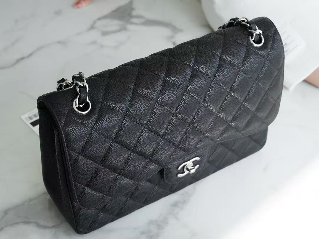 Chanel 2026 Flap Bag 30cm Black Caviar Leather With Silver Hardware