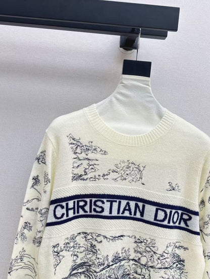 Dior 2026 Toile de Jouy Logo Knit Sweater Cream Blue Wool