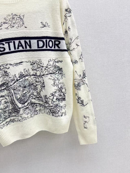 Dior 2026 Toile de Jouy Logo Knit Sweater Cream Blue Wool