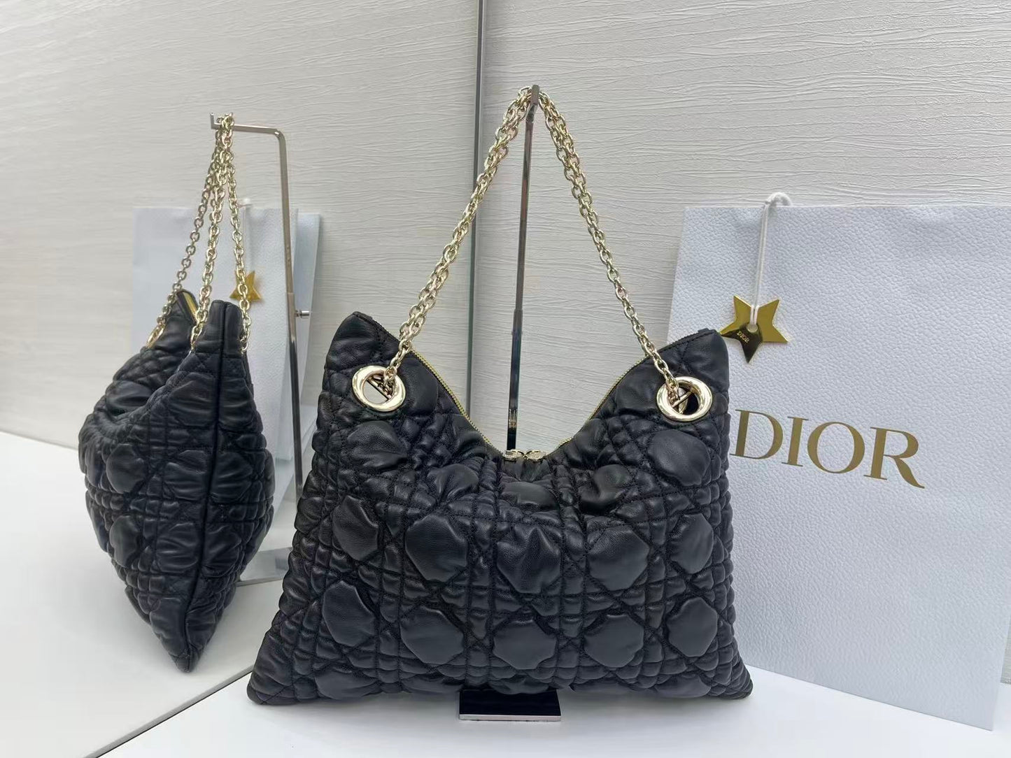 Dior 2026 Crunchy Bag 38cm Black Puffy Macrocannage Calfskin