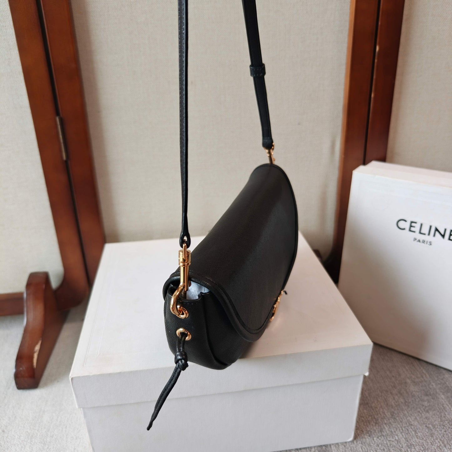 Celine Halfmoon Soft Triomphe Bag 25cm Black Shiny Lambskin