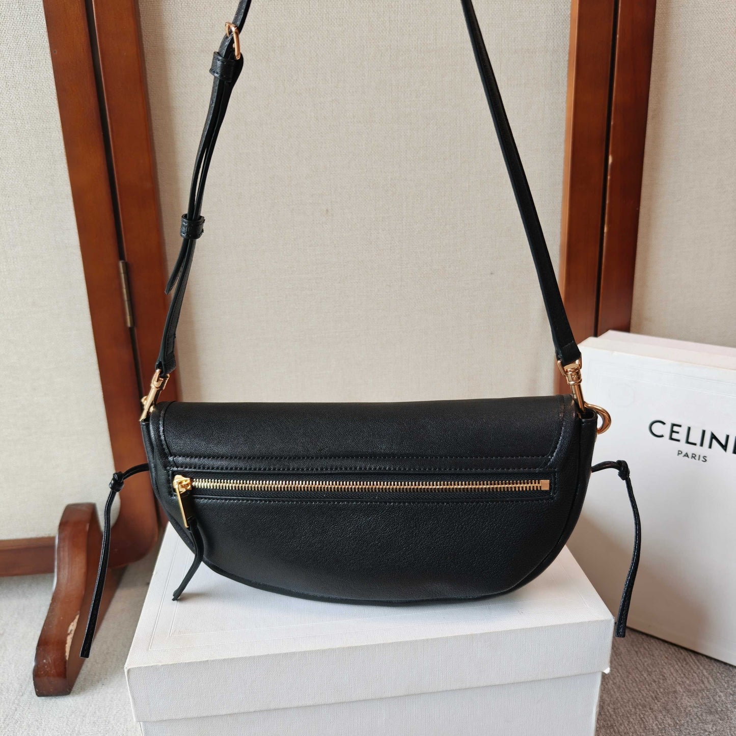 Celine Halfmoon Soft Triomphe Bag 25cm Black Shiny Lambskin