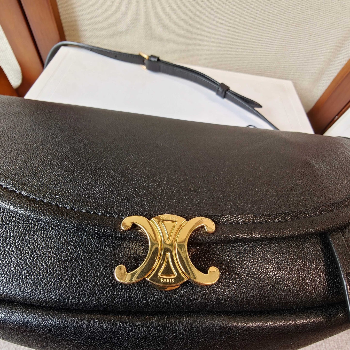 Celine Halfmoon Soft Triomphe Bag 25cm Black Shiny Lambskin