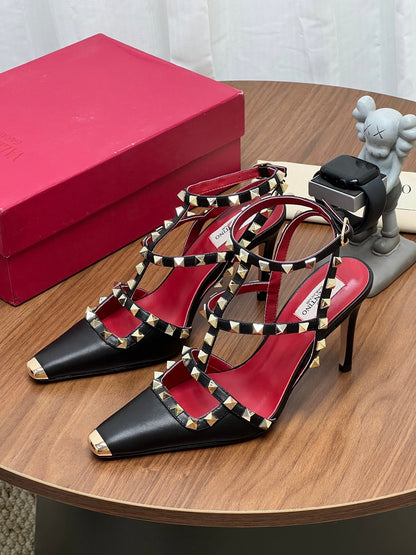Valentino Rockstud Kidskin Pumps 100mm Black Red Leather