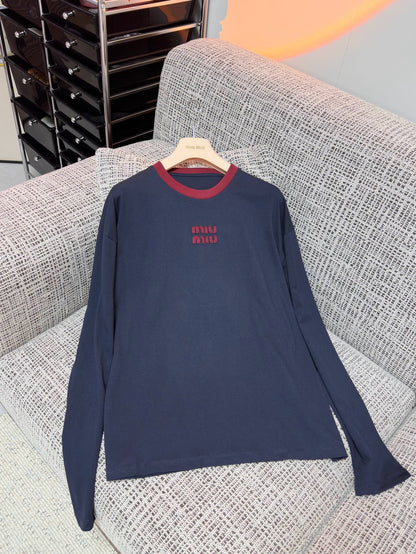 Miu Miu 2026 Long-sleeved T-shirt Navy Blue Red Cotton