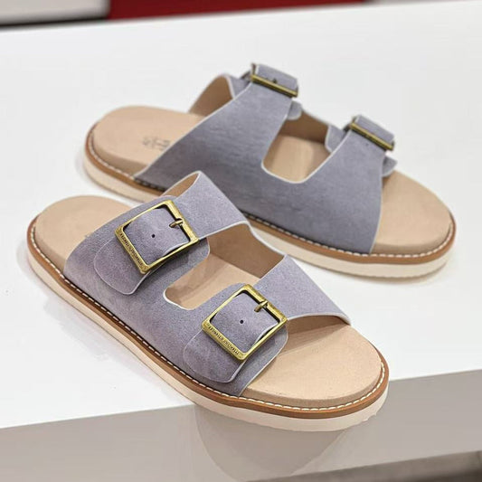Brunello Cucinelli Buckled Suede Slides Light Gray mix Beige Suede Leather
