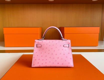 HM Mini Kelly 19cm Pink Ostrich Silver Hardware