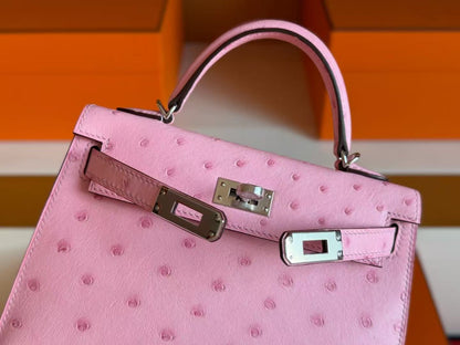 HM Mini Kelly 19cm Pink Ostrich Silver Hardware