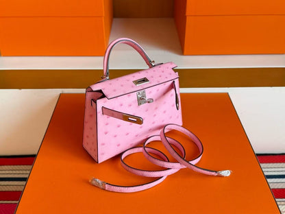 HM Mini Kelly 19cm Pink Ostrich Silver Hardware