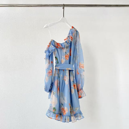 Hemant & Nandita 2026 One-shoulder Belted Romper Blue Mix Colors Linen