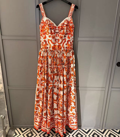 Dolce & Gabbana 2026 Majolica-print Long Dress Orange White Poplin