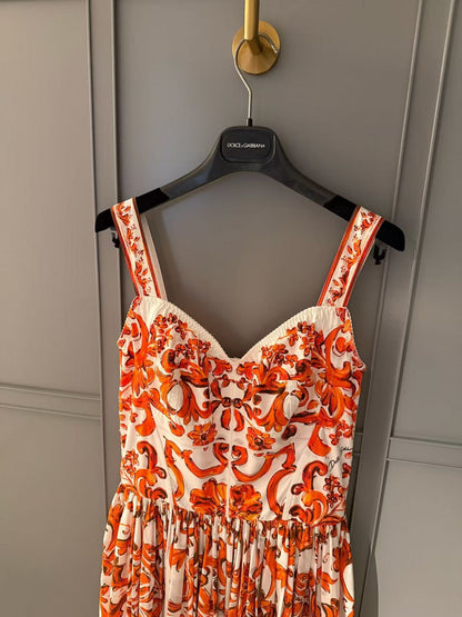 Dolce & Gabbana 2026 Majolica-print Long Dress Orange White Poplin