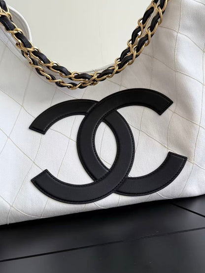 Chanel 2026 Bag 43cm White Black Denim Leather