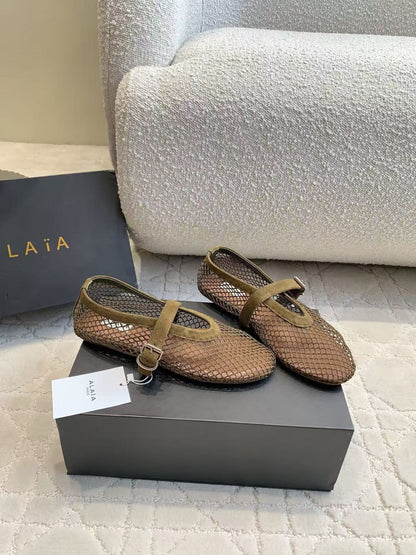 Alaia 2026 Laminated Fishnet Ballet Flats Olive Green Suede Mesh