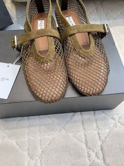 Alaia 2026 Laminated Fishnet Ballet Flats Olive Green Suede Mesh