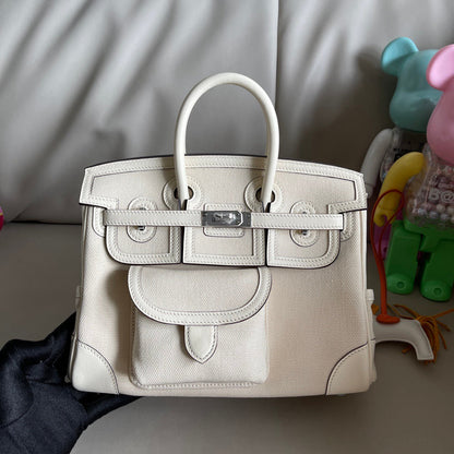 Hermes 2026 Birkin 25 Cargo Bag White Canvas mix Swift Leather