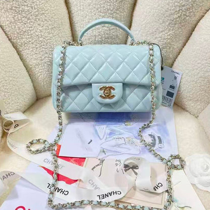 Chanel 2026 Top Handle Rectangular Flap Bag 20cm Light Blue Quilted Lambskin