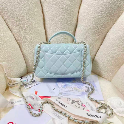 Chanel 2026 Top Handle Rectangular Flap Bag 20cm Light Blue Quilted Lambskin