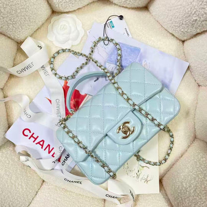 Chanel 2026 Top Handle Rectangular Flap Bag 20cm Light Blue Quilted Lambskin
