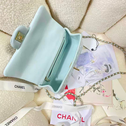 Chanel 2026 Top Handle Rectangular Flap Bag 20cm Light Blue Quilted Lambskin