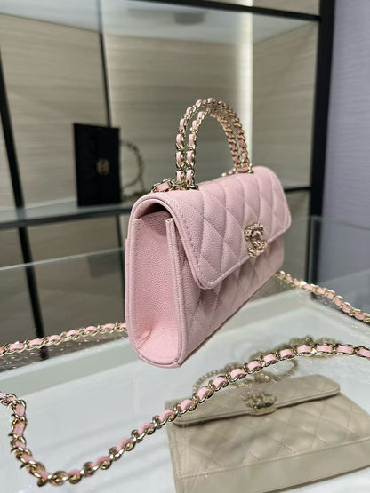 Chanel 2026 Kelly Clutch with Chain Top Handle 18cm Pink Caviar Leather