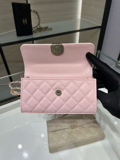 Chanel 2026 Kelly Clutch with Chain Top Handle 18cm Pink Caviar Leather