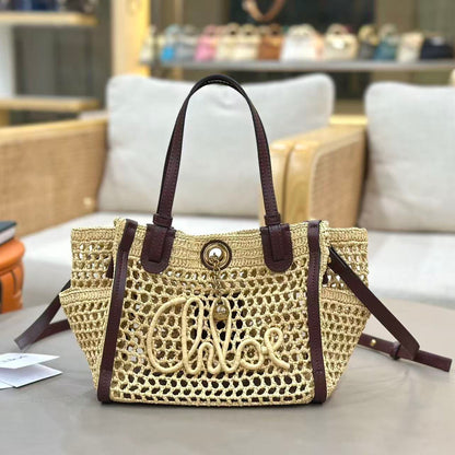 Chloe Iconic Tote Bag Beige mix Brown Raffia Leather