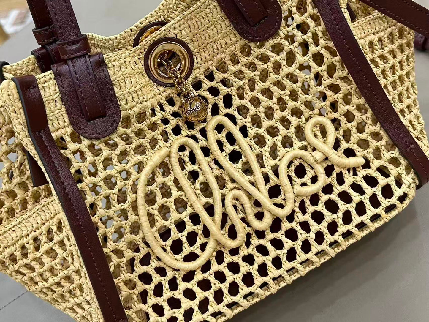 Chloe Iconic Tote Bag Beige mix Brown Raffia Leather