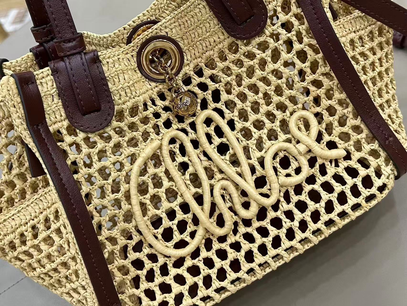 Chloe Iconic Tote Bag Beige mix Brown Raffia Leather