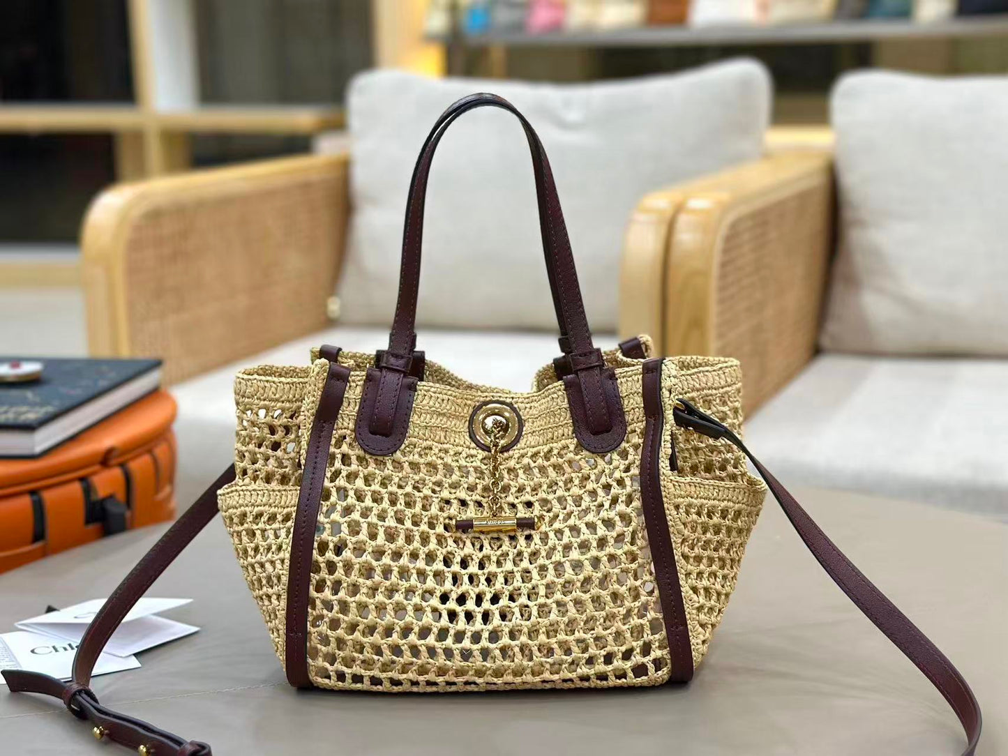 Chloe Iconic Tote Bag Beige mix Brown Raffia Leather