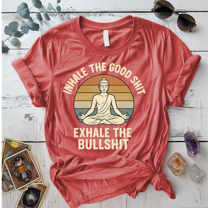 Inhale The Good Shit Buddha T-Shirt Mockup Coral Silk