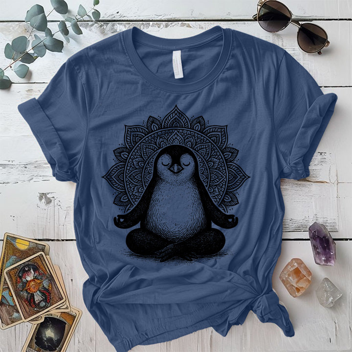 Meditating Penguin Mandala T-Shirt Mockup Indigo Blue